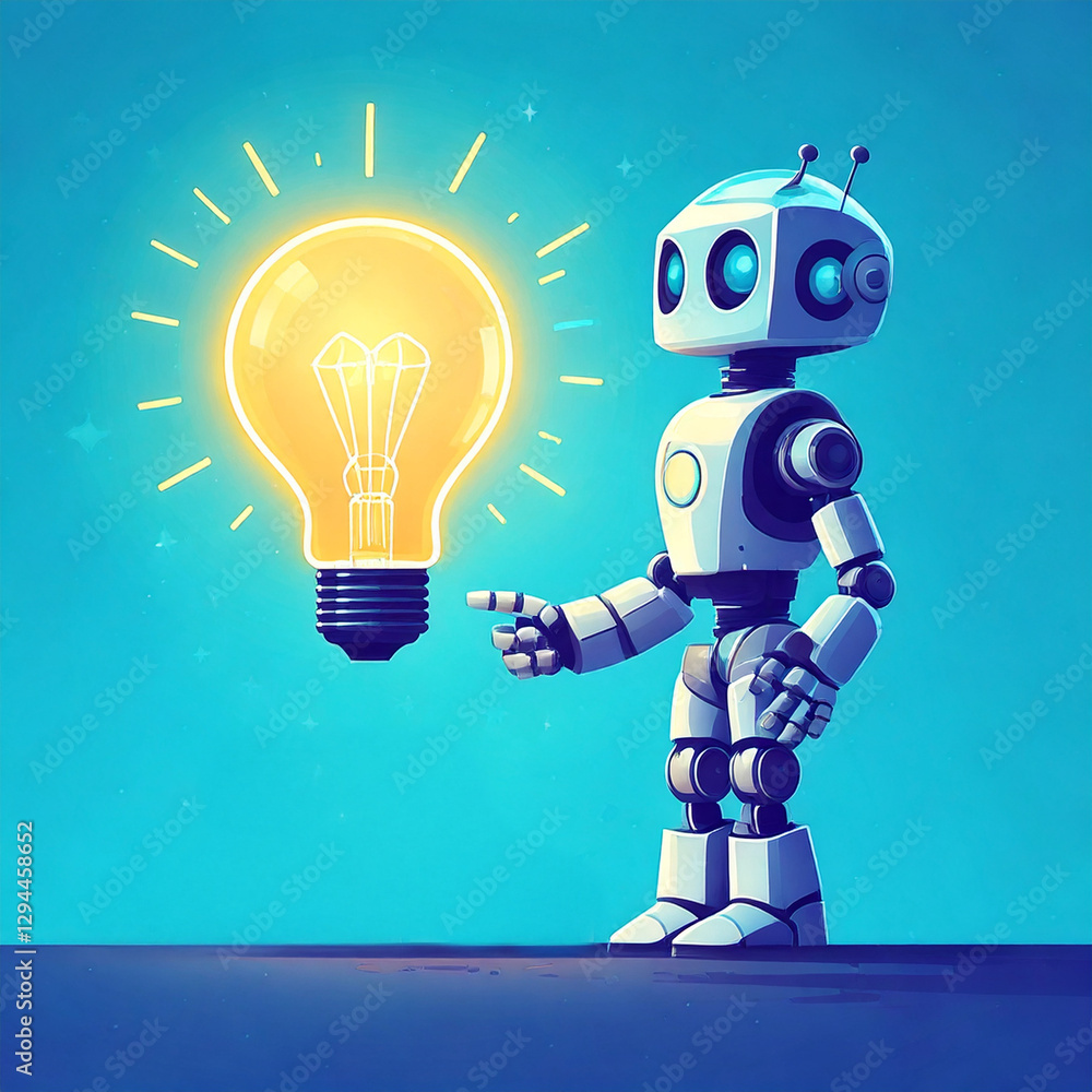 Poster a robot points to a glowing light bulb, symbolizing the concept of innovation and idea generation