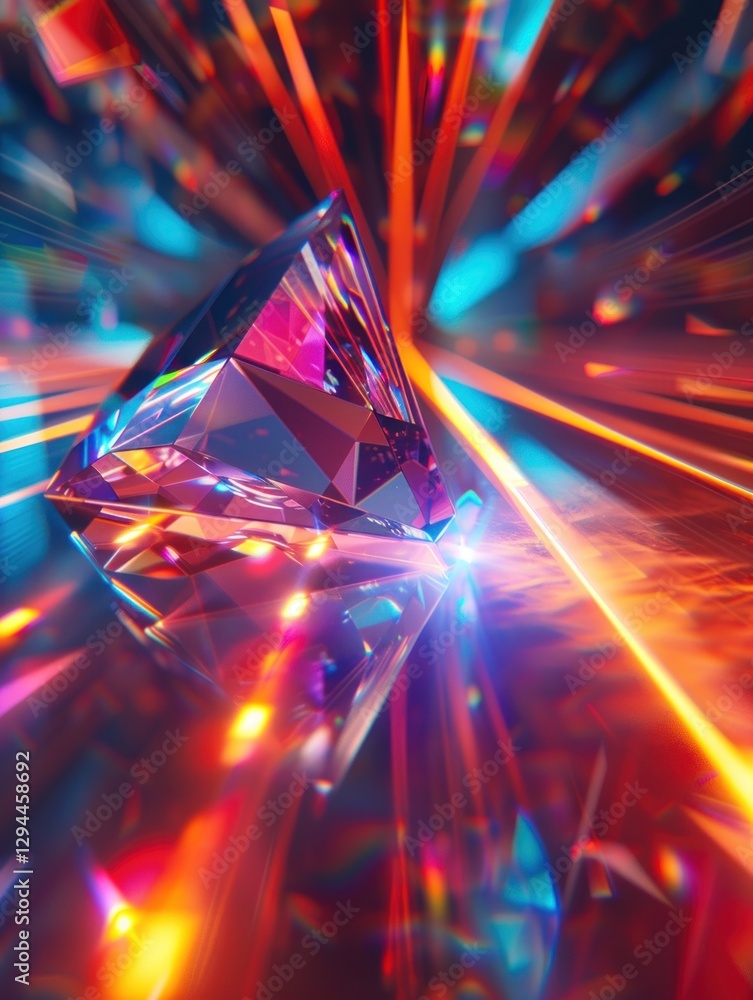 Poster Close-up of a diamond prism diffracting intense light into colorful, sharp streaks with smooth transitions