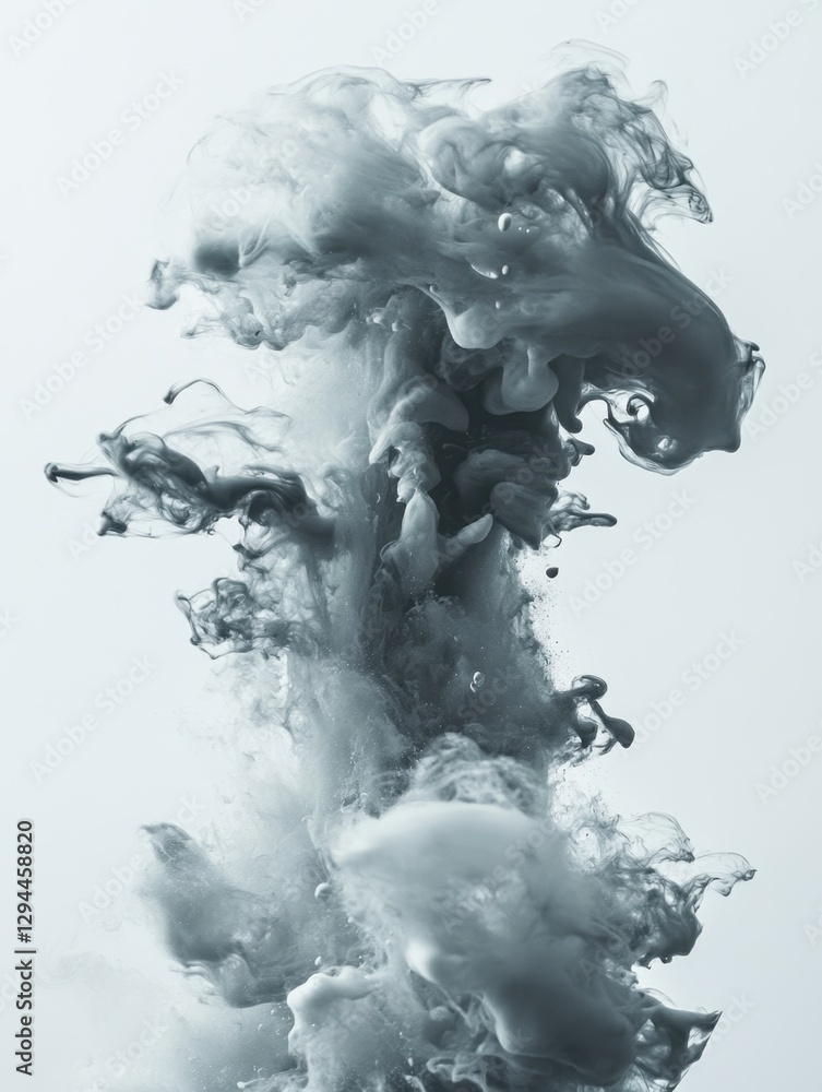 Poster ethereal gray ink cloud rising in water creating a mesmerizing abstract design on a light background