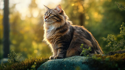 Fototapeta premium Norwegian Forest cat sitting thoughtfully against forest background.