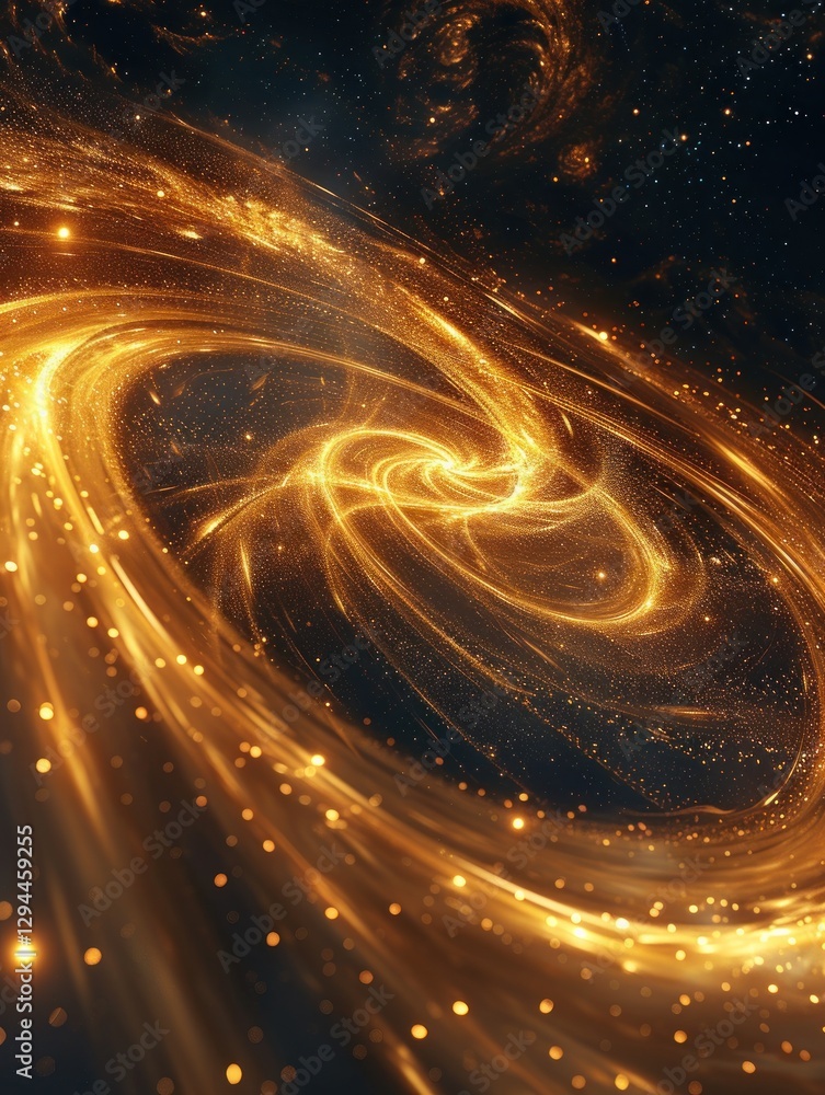 Poster golden rings swirl around a bright nebula, with soft light and star patterns creating a cosmic displ
