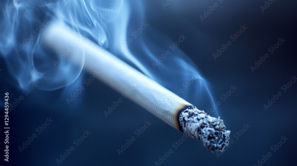 Poster In a dim light, a lit cigarette releases delicate wisps of smoke that dance in the air, creating an atmosphere of introspection and calm. The ash glows softly as thoughts linger