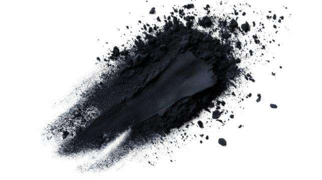 Charcoal powder burst with dark smoky texture, deep cleansing detox beauty concept, isolated on white background, PNG format