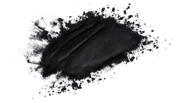 Charcoal powder burst with dark smoky texture, deep cleansing detox beauty concept, isolated on white background, PNG format