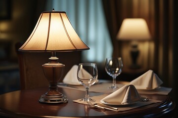 Restaurant table with lamp and glasses