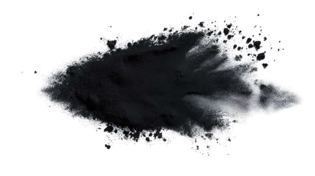 Charcoal powder burst with dark smoky texture, deep cleansing detox beauty concept, isolated on white background, PNG format