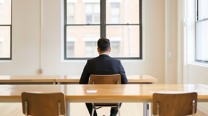A high-ranking executive in a suit, sitting alone at a large wooden desk, looking contemplative with resignation papers in front of him.  