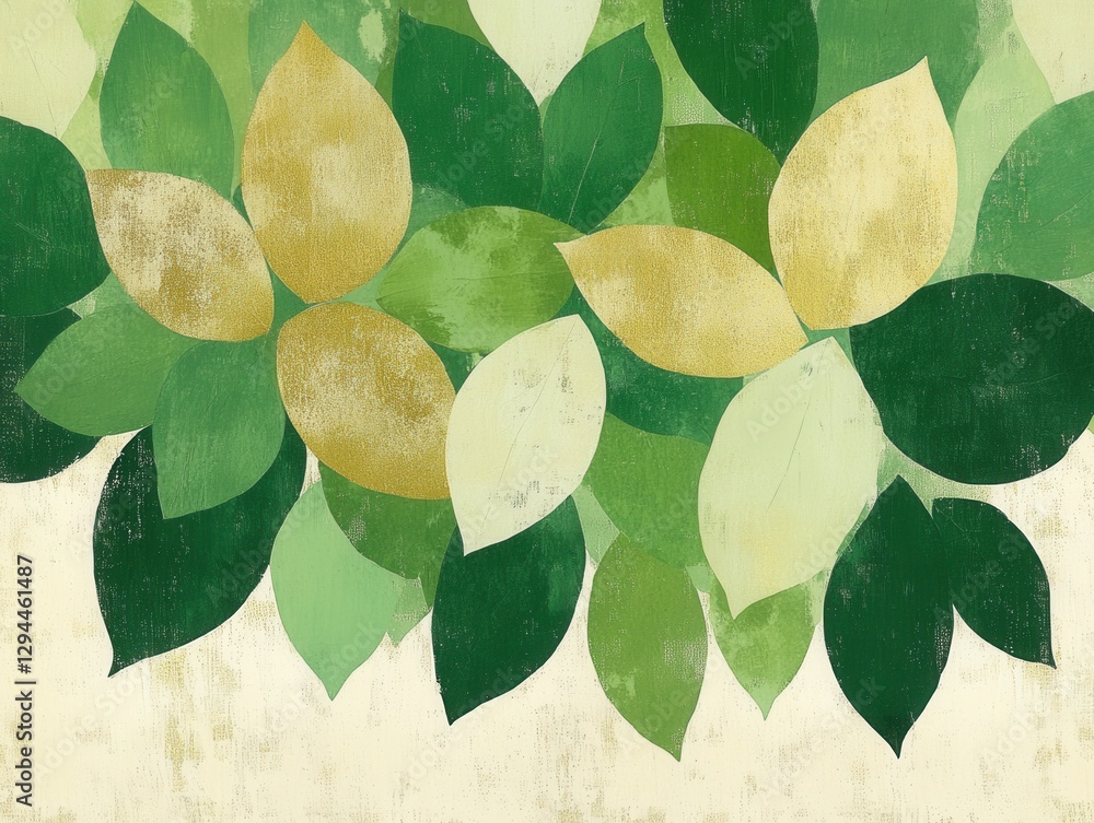 Poster artistic rendering of overlapping leaves in shades of green and gold creating a natural pattern