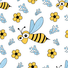 Crazy cartoon bee seamless pattern on white background