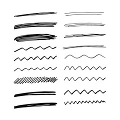 underline emphasis line shape set. Hand drawn brush stroke highlight speech bubble cloud sparkle arrow element in childish drawing style.