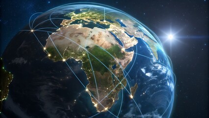 Future Renewable Energy Connecting, A stunning view of Earth highlighting Africa with illuminated network connections and a starry background.