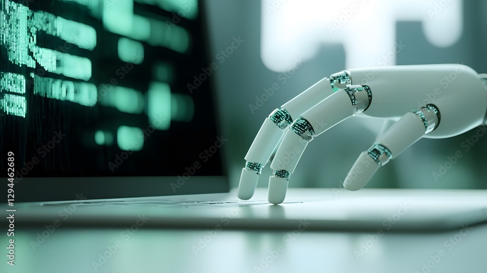 Poster advanced robot working on a laptop displaying modern technology and artificial intelligence in a dig