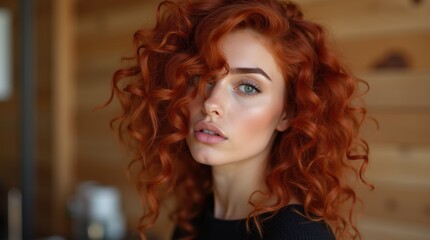 Fototapeta premium European woman with curly red hair post-keratin treatment, wooden spa interior in blurred background 