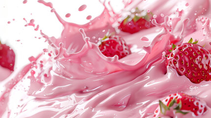 Sweet strawberries in pink yogurt swirl with splashing drops
