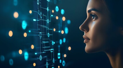 Focused woman analyzing data on a digital interface in a modern workspace with advanced technology elements