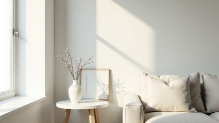 Serene Minimalist Living Room Decor with Natural Light and Neutral Tones Featuring a Simple White Vase and Soft Cushions