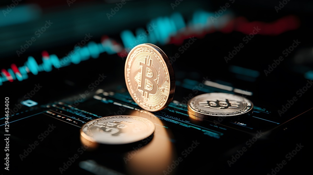 Poster physical representation of a digital currency coin resting on a laptop keyboard signifying technolog