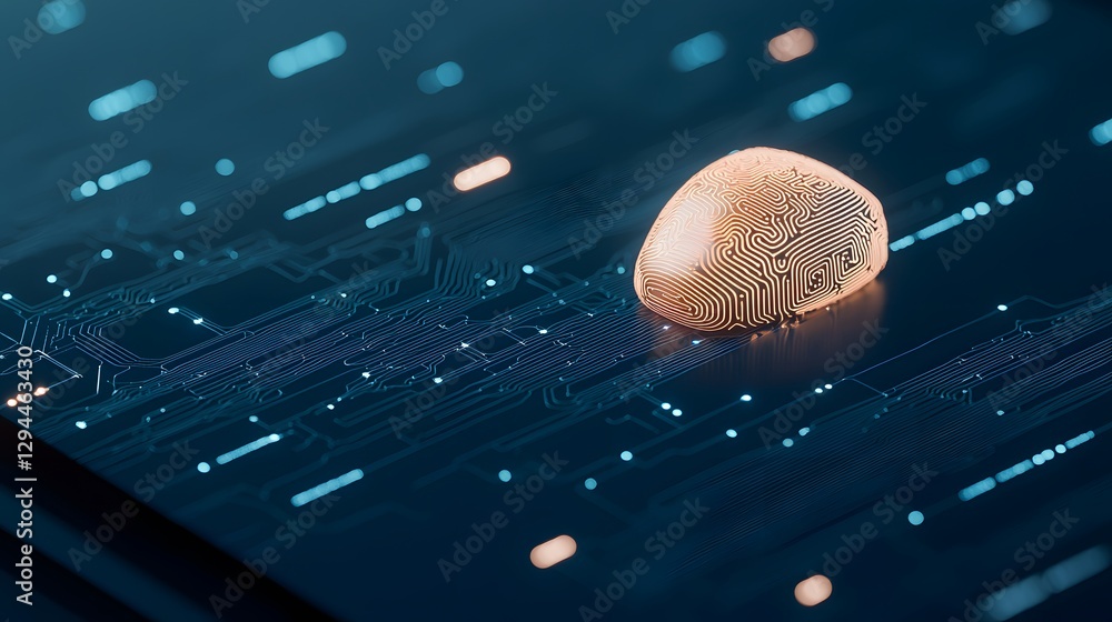 Poster unique close-up of a fingerprint set against a circuit board highlighting the intersection of identi