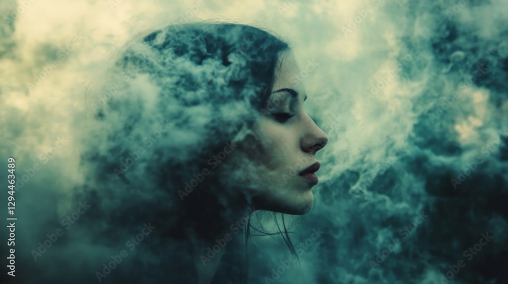 Poster a young woman stands still in a foggy forest during twilight. wisps of mist swirl around her, creati