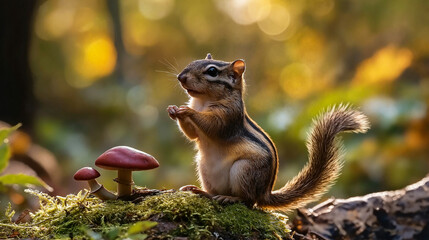 Obraz premium Chipmunk and mushrooms on mossy log.