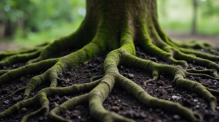 Close-up of a tree with deep roots twisting through dark soil, detailed bark, soft moss, growth and stability theme.