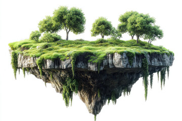 Floating island with trees and grass in the sky, surreal and serene.