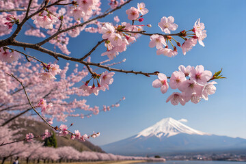 Fototapeta premium Beautiful cherry blossoms in full bloom against a clear blue sky. A perfect representation of spring, renewal, and nature’s beauty.