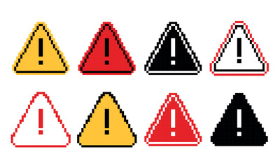 Set of pixel art danger exclamation marks sign. Caution alarm, attention pixel icons. Fatal error warning message. Retro game effect. 8 bit button. 2D sprite sheet