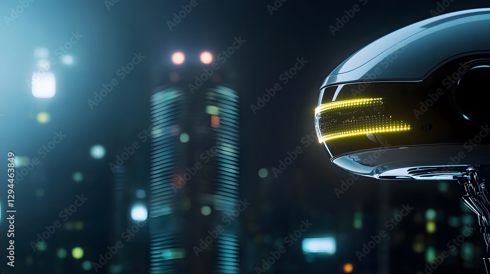 Poster striking image of a robot against a city skyline background highlighting the intersection of technol