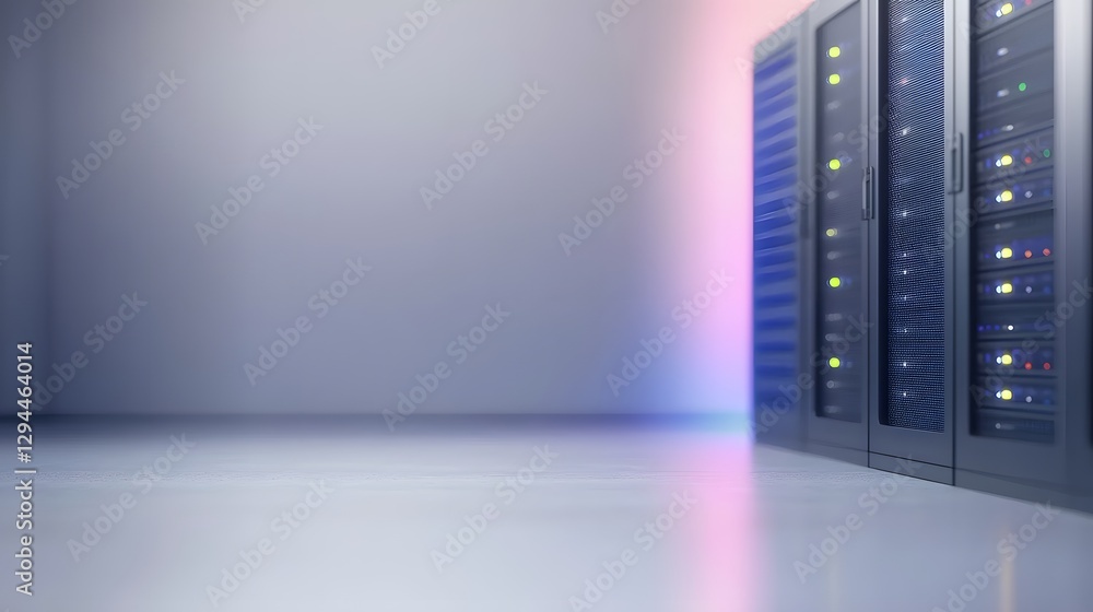Poster high-tech server room filled with numerous servers and networking equipment in a modern data center 