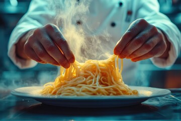 Chef expertly tossing steaming spaghetti, showcasing culinary skill and delicious Italian pasta.