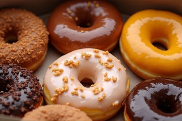 Delicious assortment of colorful donuts bakery food photography indoor setting close-up view sweet treats