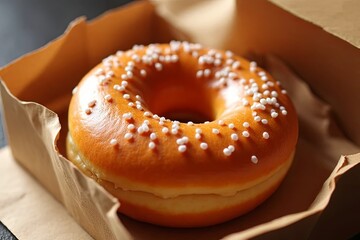 Delicious glazed donut on brown paper bakery food photography indoor close-up sweet treat concept