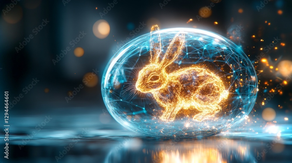 Poster captivating digital rabbit design inside a futuristic sphere glowing in 4k resolution