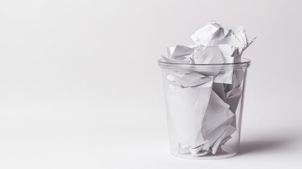 Transparent trash can showing crumpled paper inside, set on a bright white background