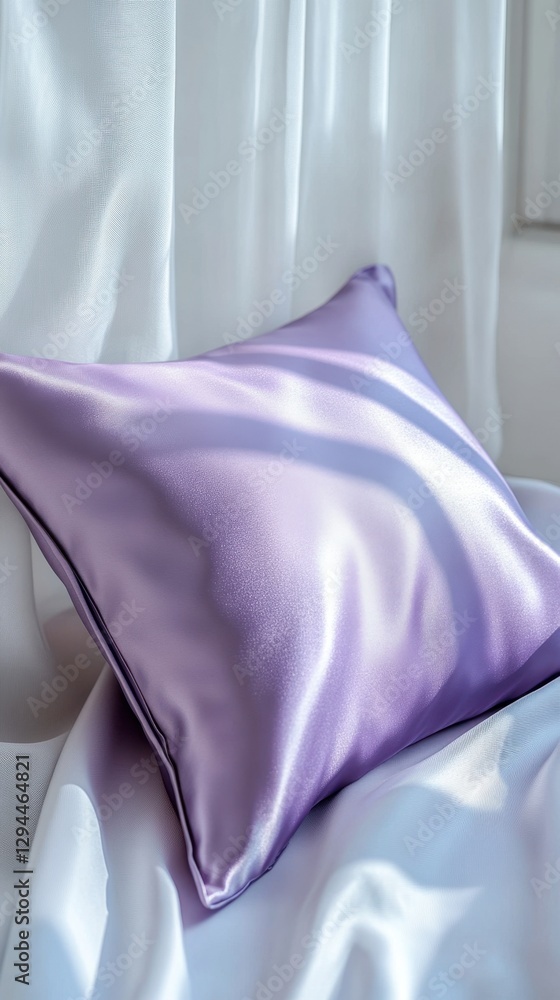 Aufkleber serene lavender silk pillow resting on soft white fabric with gentle sunlight creating a calming and