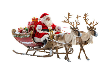 Santa claus delivering gifts on sleigh with reindeer transparent background png white space environment