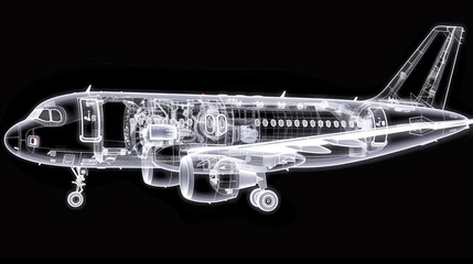 Futuristic airplane design  x ray view revealing complex interior and engine structures