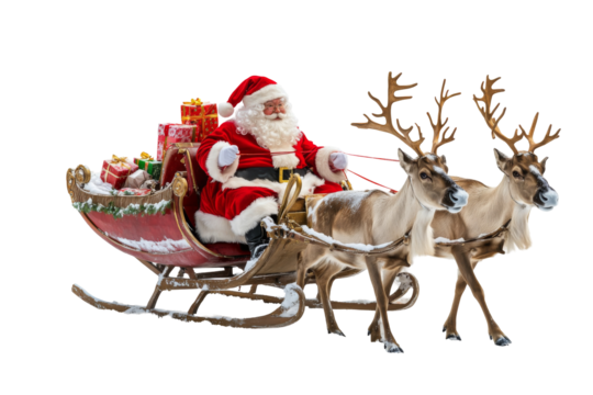 Santa claus delivering gifts on sleigh with reindeer transparent background png white space environment - Powered by Adobe