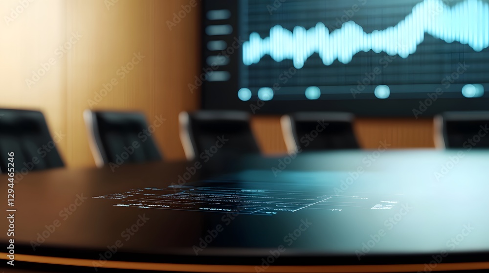 Poster modern workspace featuring a sleek computer monitor positioned on a wooden table surrounded by offic