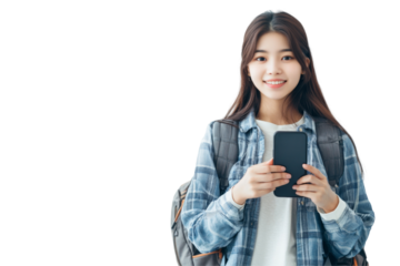 Young woman holding smartphone transparent background png in white environment smiling cheerfully