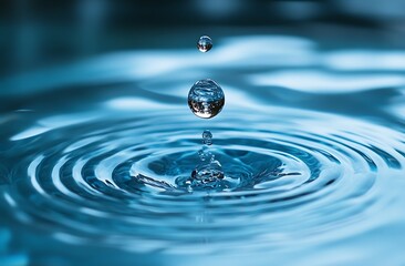 A single water droplet impacts a calm surface, creating ripples and a mesmerizing reflection.