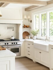 A beautiful modern kitchen features a stylish white design with wooden elements