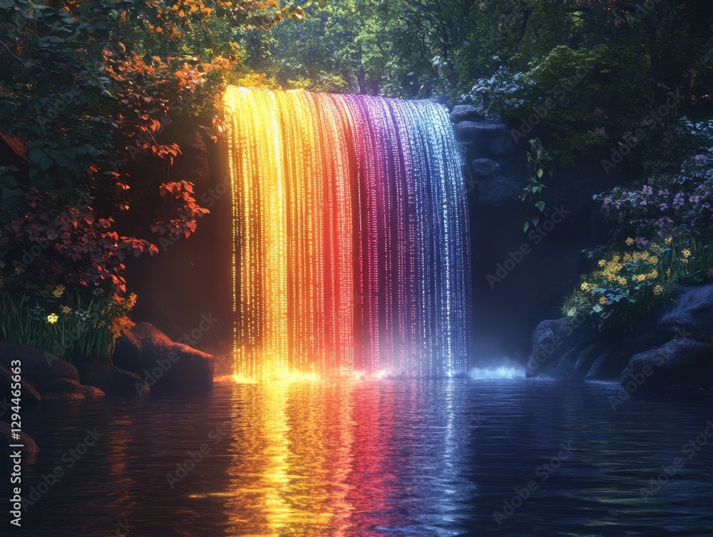 Poster enchanting rainbow waterfall cascading into serene lake surrounded by lush forest with vibrant folia