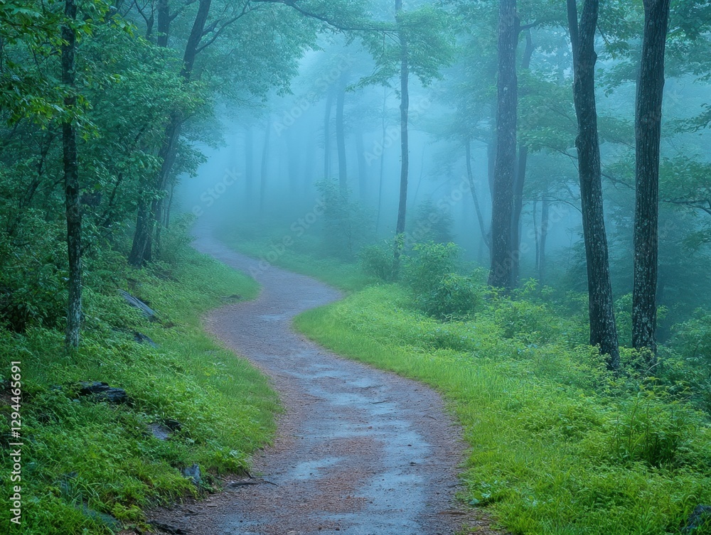 Aufkleber serene winding path through misty forest landscape with lush greenery and tall trees creating a tran