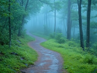 Naklejka premium Serene winding path through misty forest landscape with lush greenery and tall trees creating a tranquil atmosphere on a foggy day