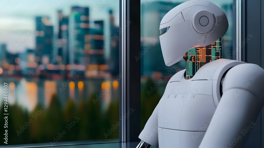 Poster thoughtful robot gazing out of a window with a futuristic cityscape visible in the background symbol