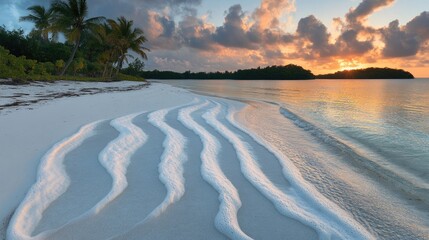 Fototapeta premium Waves gently forming foamy patterns on a white sand beach at sunset