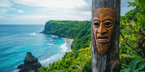 Wooden Mask on Tree Near Ocean