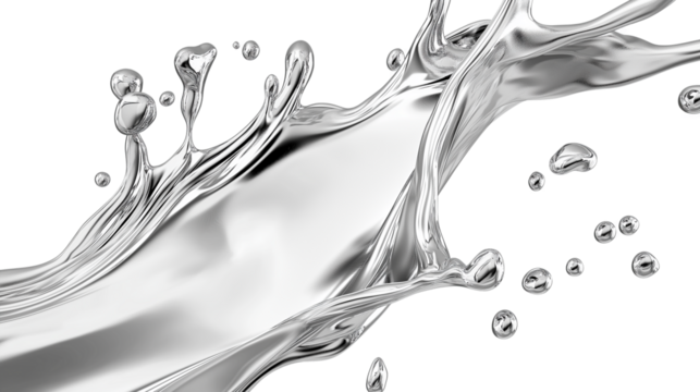 Silver metallic paint splash with elegant shimmer effect, liquid texture in motion, isolated on white background, PNG format